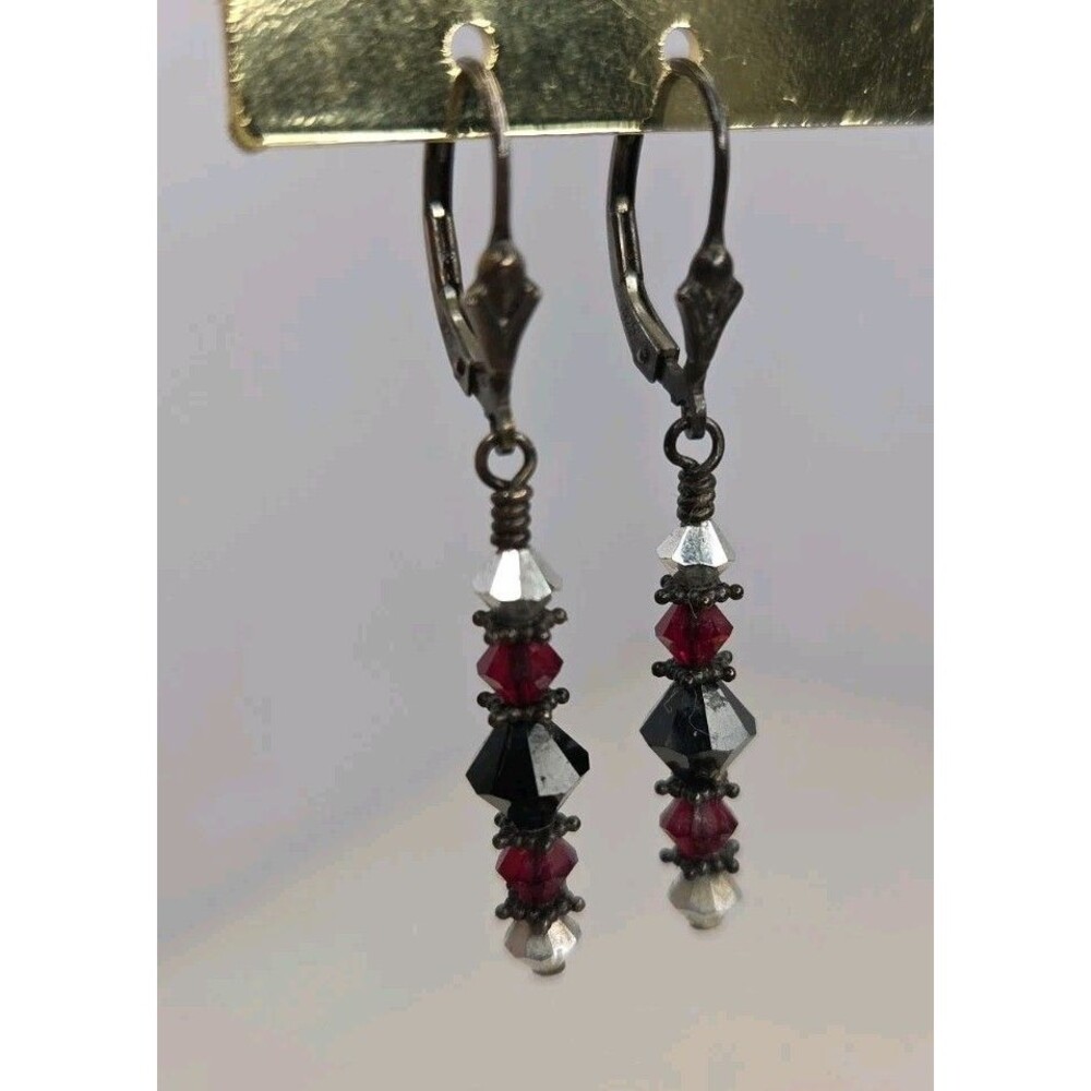925 Sterling Silver Siam Red Jet Black Swarovski Crystals Dangle Earrings EUC
